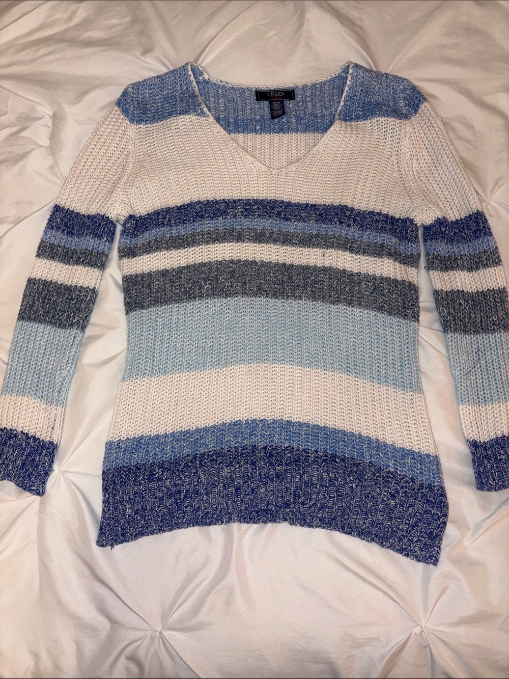 Chaps Blue, Light Blue, Gray & White Striped V-Neck Sweater
